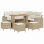 Beiges 9-teiliges Garten-Sofa-Set aus Poly Rattan mit Tisch und Hockern.