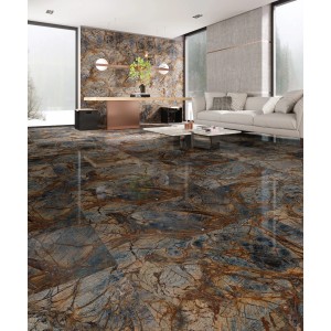 Verlegtes Feinsteinzeug, 60x120 cm, in Steinoptik mit polierter Oberfläche im Wohnraum.