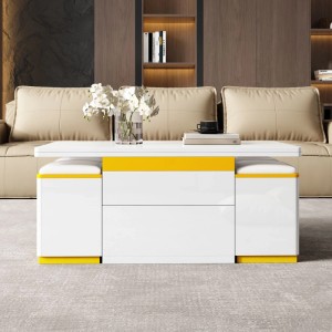 Moderner weiß-gelber Couchtisch mit Hebefunktion, integrierten Hockern und Stauraum. Ideal als Esstisch für Wohnzimmer.