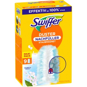 Swiffer Staubmagnet Nachfüllpackung mit 9 Tüchern im gelben Karton.