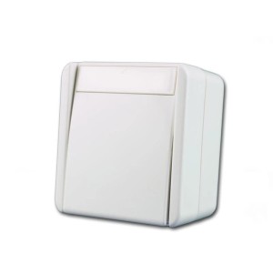 Weißer TEM Fontana 2-poliger Aufputz-Schalter mit IP44 Schutz für Feuchträume und Außenbereiche. Robustes Design.