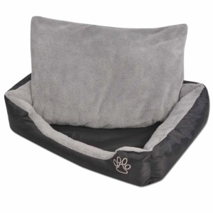 Schwarzes vidaXL Hundebett Größe L mit grauem Kissen und Pfotenabdruck.