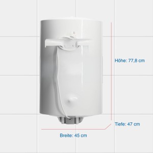 Weißer Regent Hängespeicher REG 80 VR PL EU, 80 Liter Warmwasserspeicher mit Maßangaben.