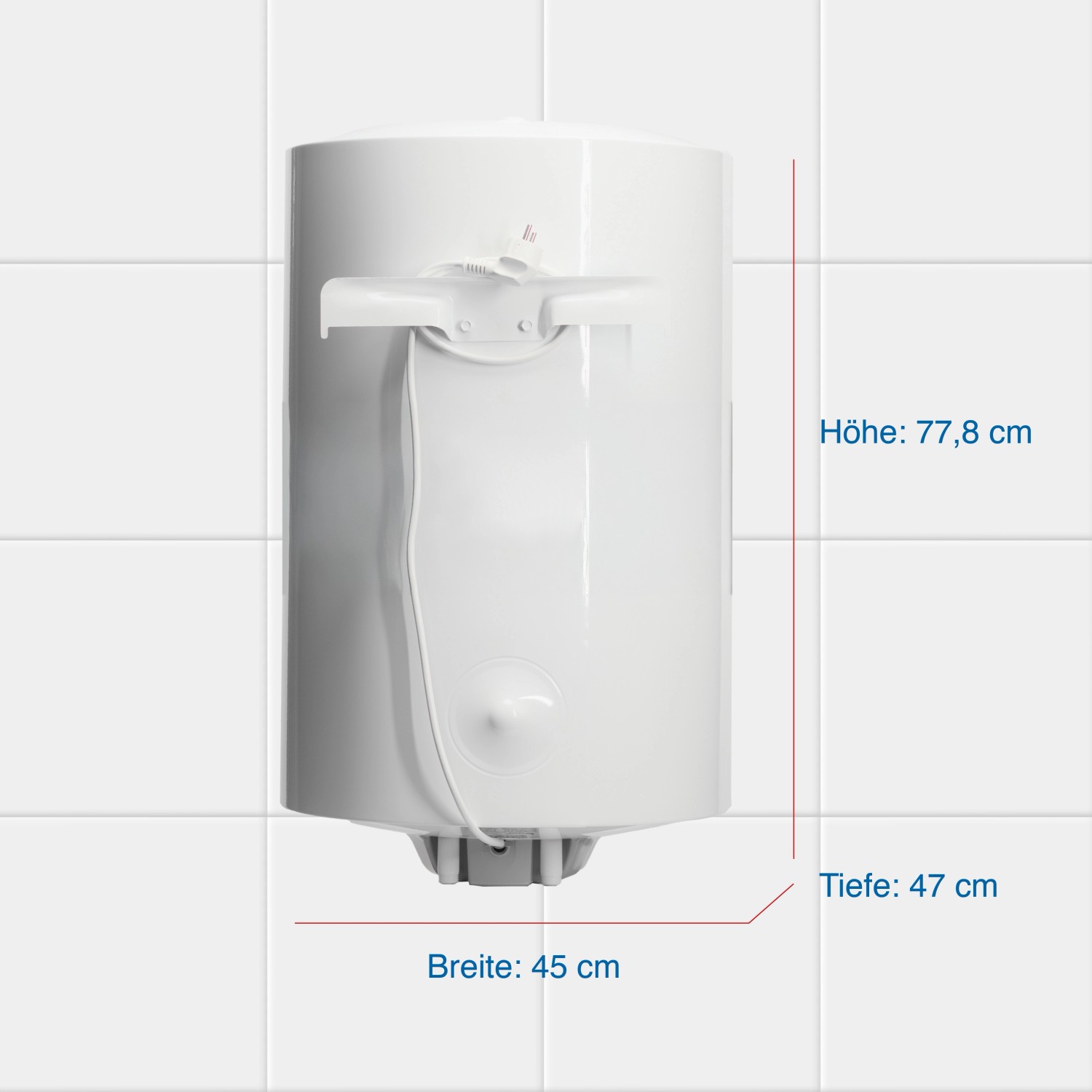 Weißer Regent Hängespeicher REG 80 VR PL EU, 80 Liter Warmwasserspeicher mit Maßangaben.