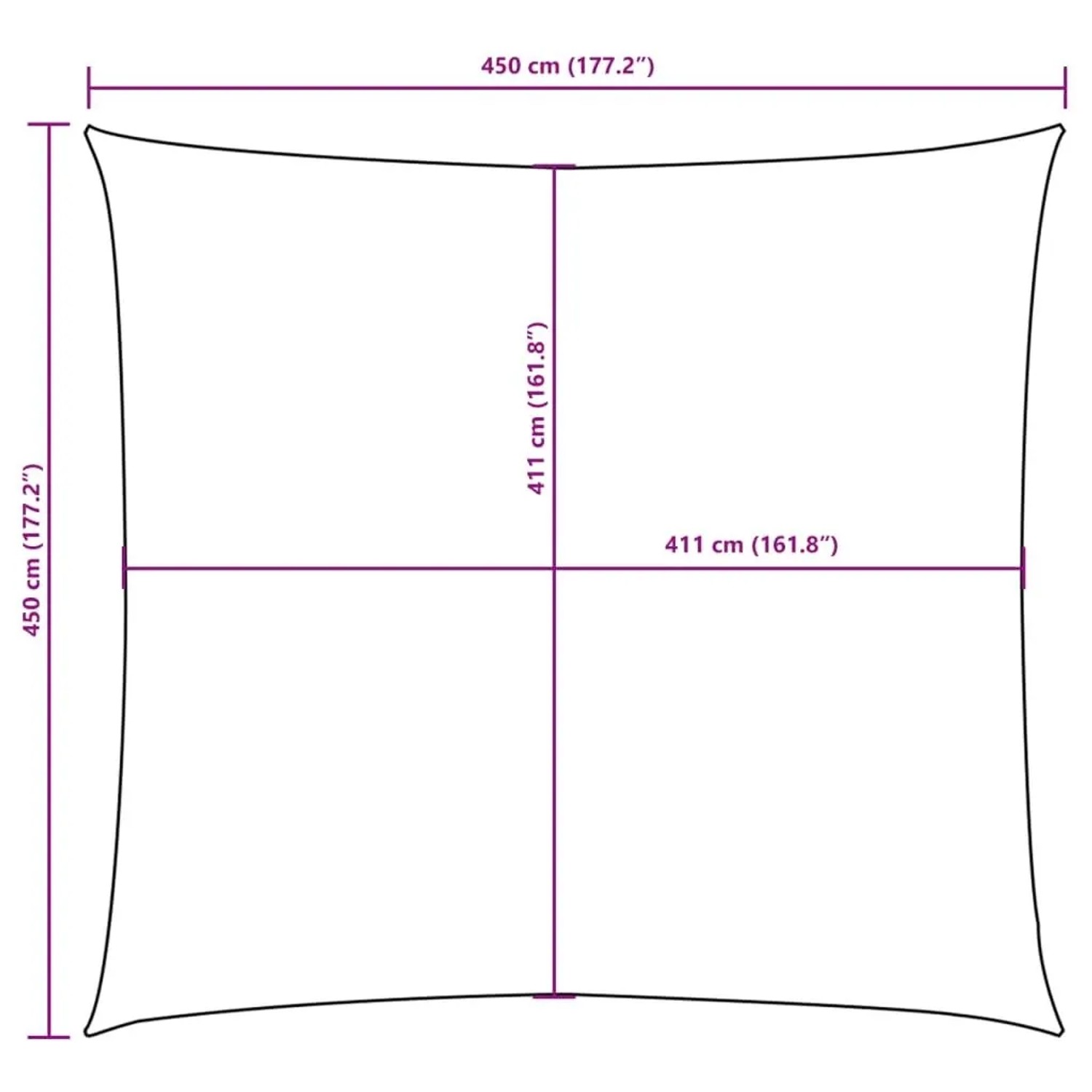 Beiges quadratisches Sonnensegel 4,5x4,5 m, schematische Darstellung mit Maßen.