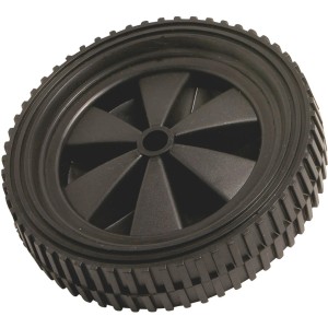 Schwarzes Leicht-Rad mit Kunststofffelge und Stollenprofil, 150 mm Durchmesser, Traglast 25 kg.