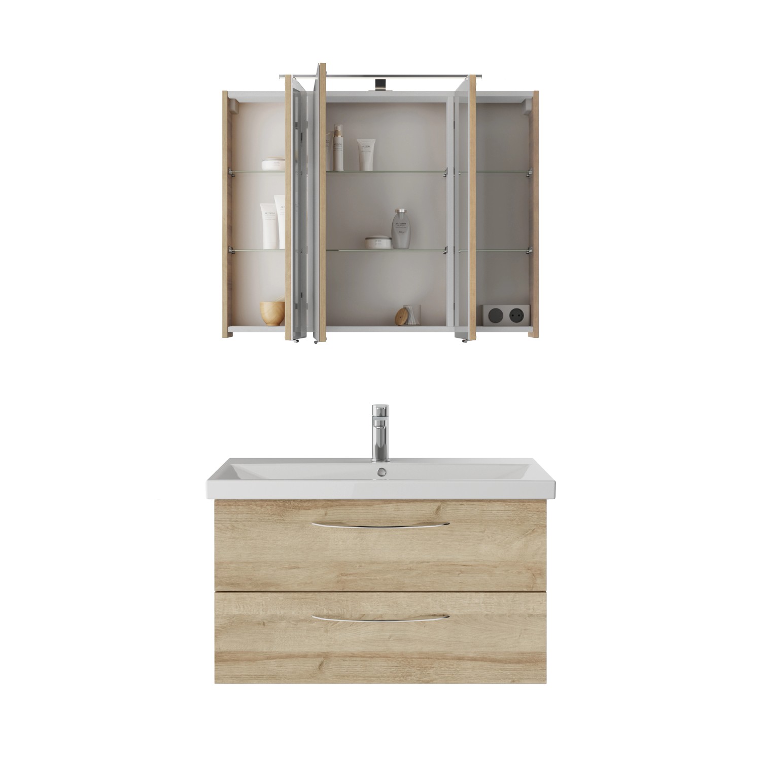 Pelipal Badmöbel-Set Serie 4035 in Riviera Eiche mit Spiegelschrank und Waschbecken.