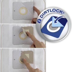 Hand demonstriert das Verschließen eines Swirl Staubsaugerbeutels Y298 mit dem Dirtlock Staubverschluss für saubere Entsorgung.