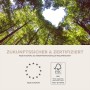 FSC®-Zertifizierung: Baumkronen bilden Herz, Text "Zukunftssicher & Zertifiziert", Made in Europe Logo.