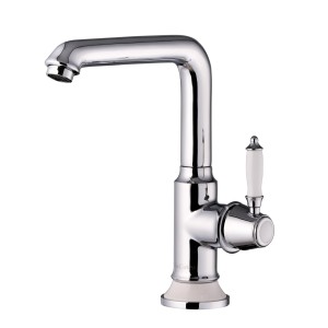 PaulGurkes Waschtischarmatur im Retro-Design, Chrom mit weißen Akzenten.