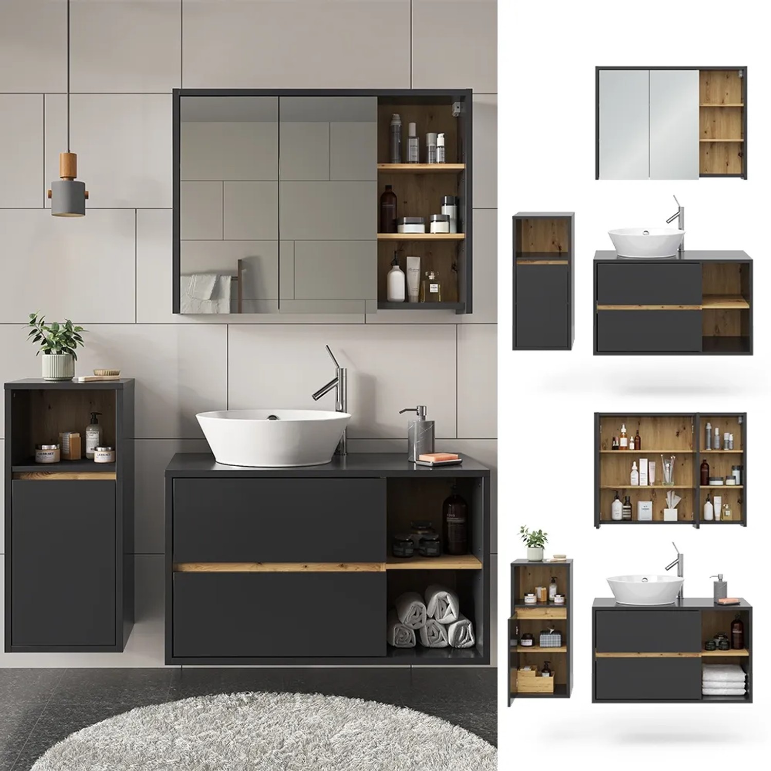 Vicco Badmöbel-Set Viola, 3-teilig in Anthrazit/Eiche mit Spiegelschrank, Waschbeckenunterschrank und Midischrank.
