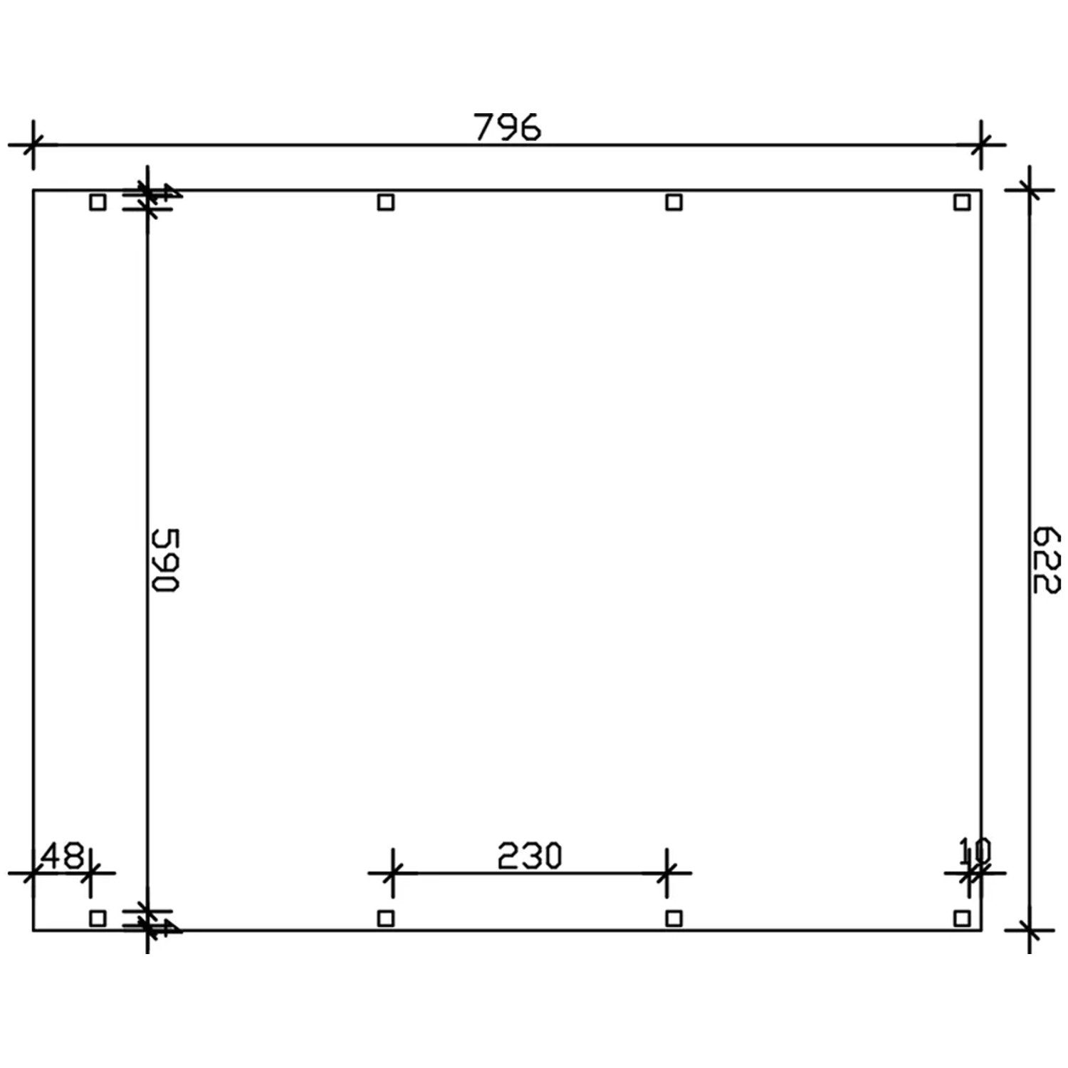 Maße des Skan Holz Carport Grunewald, 622x796 cm, mit EPDM-Dach in Eiche Hell. Technische Zeichnung.