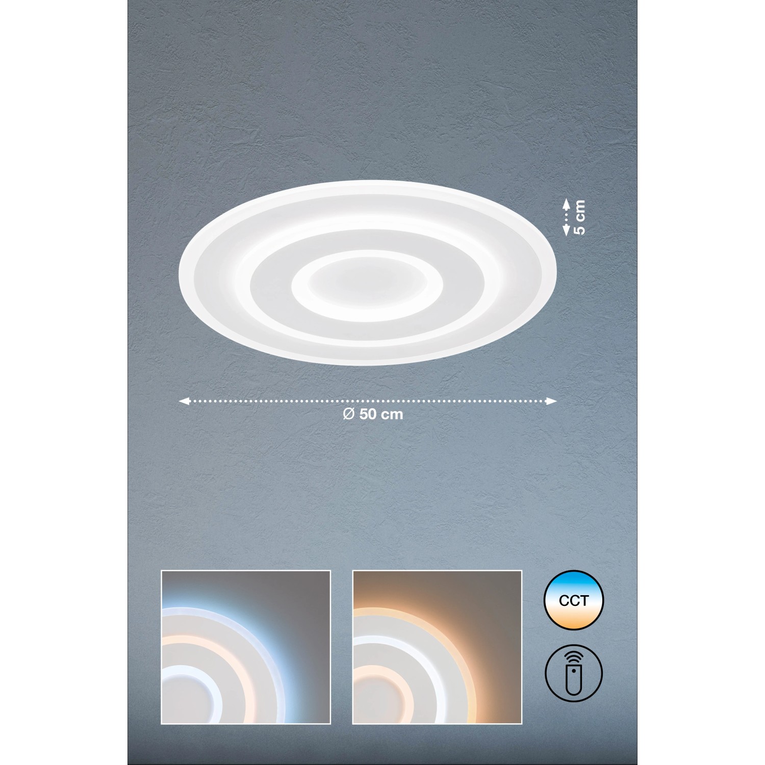 Weiße LED-Deckenleuchte Bolia von Fischer & Honsel, Ø 50 cm, dimmbar mit Fernbedienung.