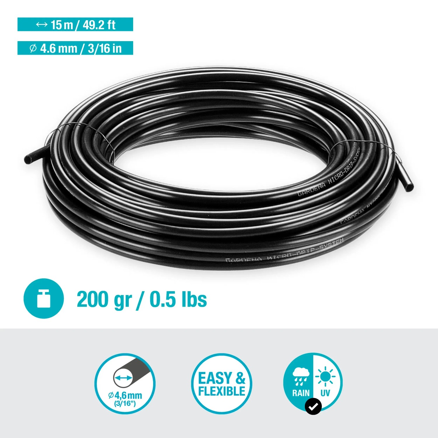 Gardena Verteilerrohr 4,6 mm (3/16) für Micro-Drip-Systeme, aufgerollt.