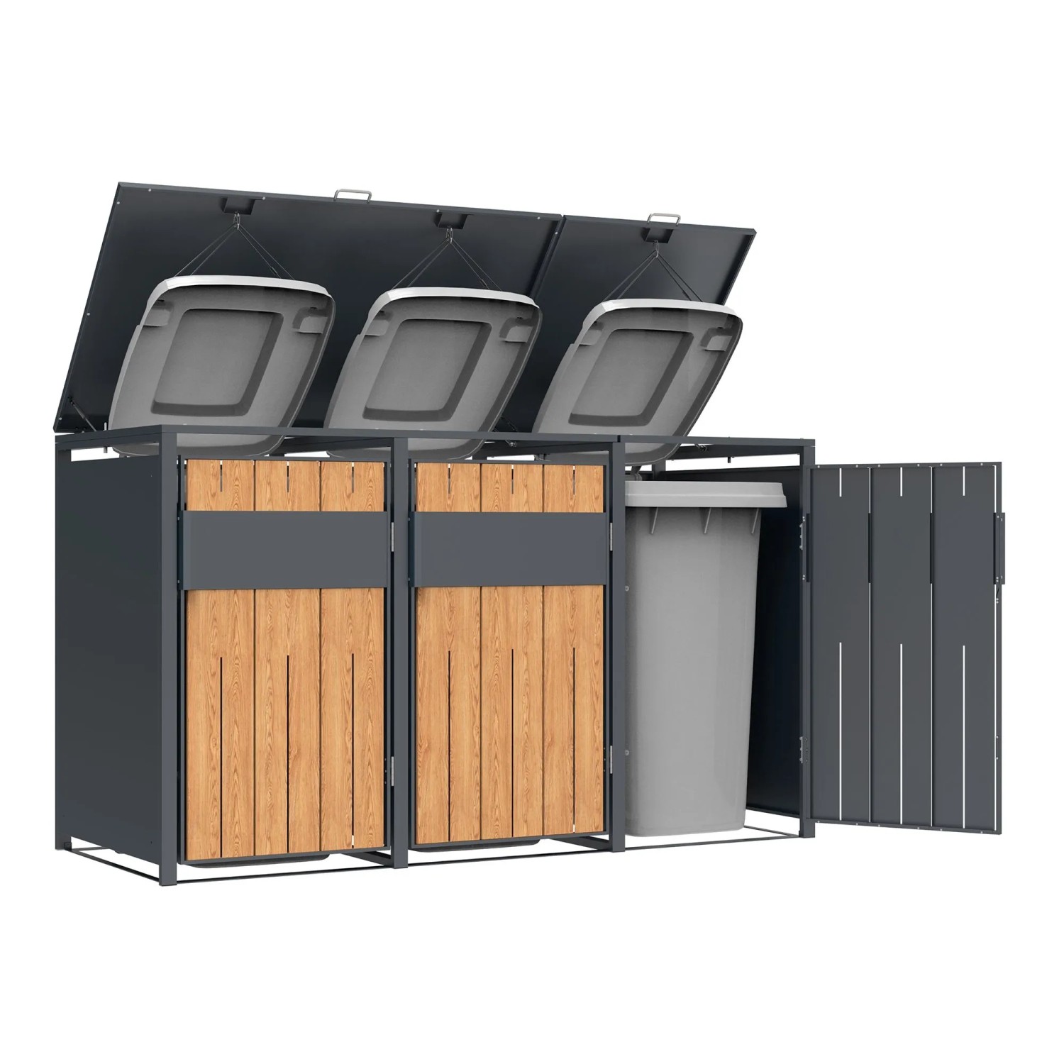 Westmann Mülltonnenbox Varius 3 für 3 Mülltonnen, Anthrazit & Holzoptik. Offene Deckel und Tür zeigen Innenraum.