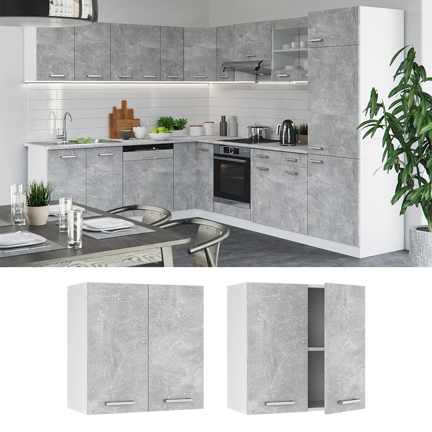 Vicco Hängeschrank R-Line, Beton/Weiß, 60 cm. Küchenschrank zur Wandmontage.