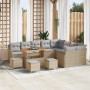 Beiges 13-teiliges vidaXL Garten-Sofa-Set aus Poly Rattan mit Tisch und Hockern.