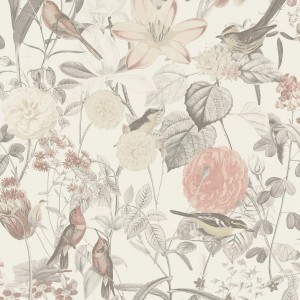 PROFHOME Vliestapete mit Blumenmuster in Grau, Rosa und Orange. Florale Dekorative Tapete.