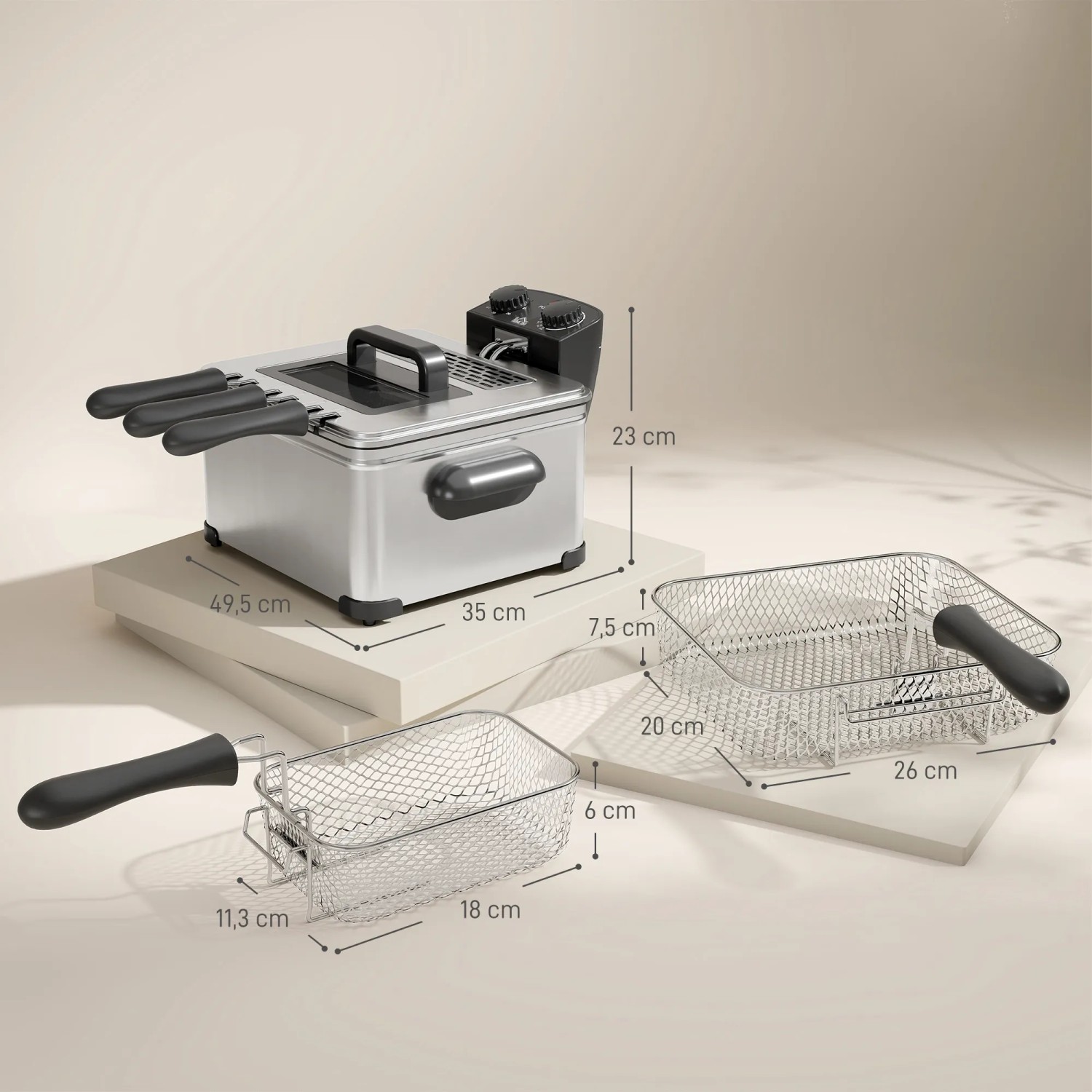 HOMCOM Fritteuse aus Edelstahl, 5L Kapazität, mit großem und kleinem Frittierkorb. Küchenausstattung.