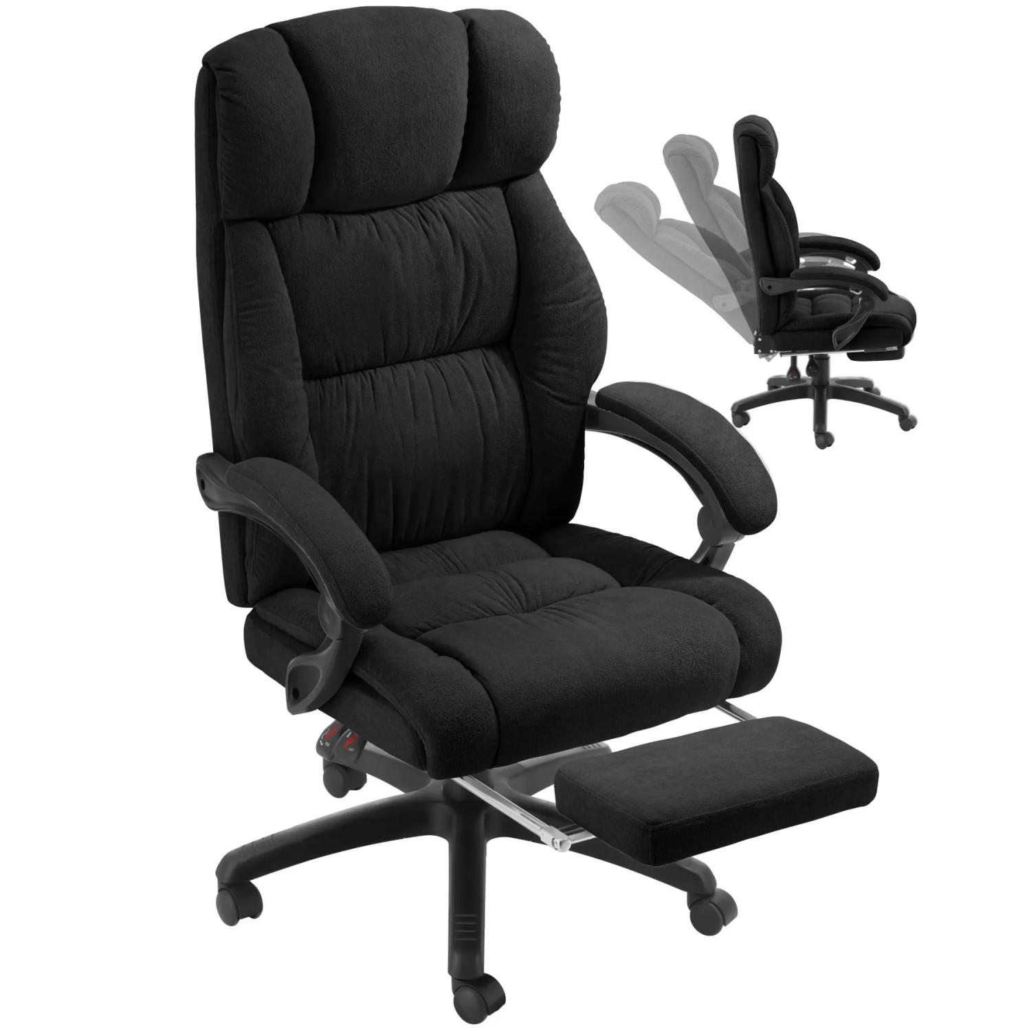 Tectake Bürostuhl Jillien Dicke Polsterung Mit Weichem Velours Verstellbare Rückenlehne und Ausklappbare Fußstütze Schwarz 118 x 64 x 115 cm Schwarz