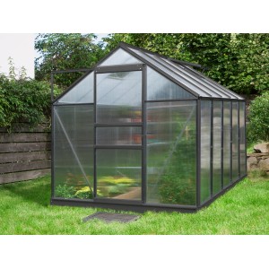 Schwarzes Vitavia Gewächshaus Venus 6200 HKP mit Hohlkammerplatten im Garten.