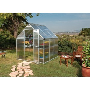 CANOPIA Gewächshaus 3,4 m² mit Fundamentrahmen im Garten, Tür geöffnet, mit Pflanzen.