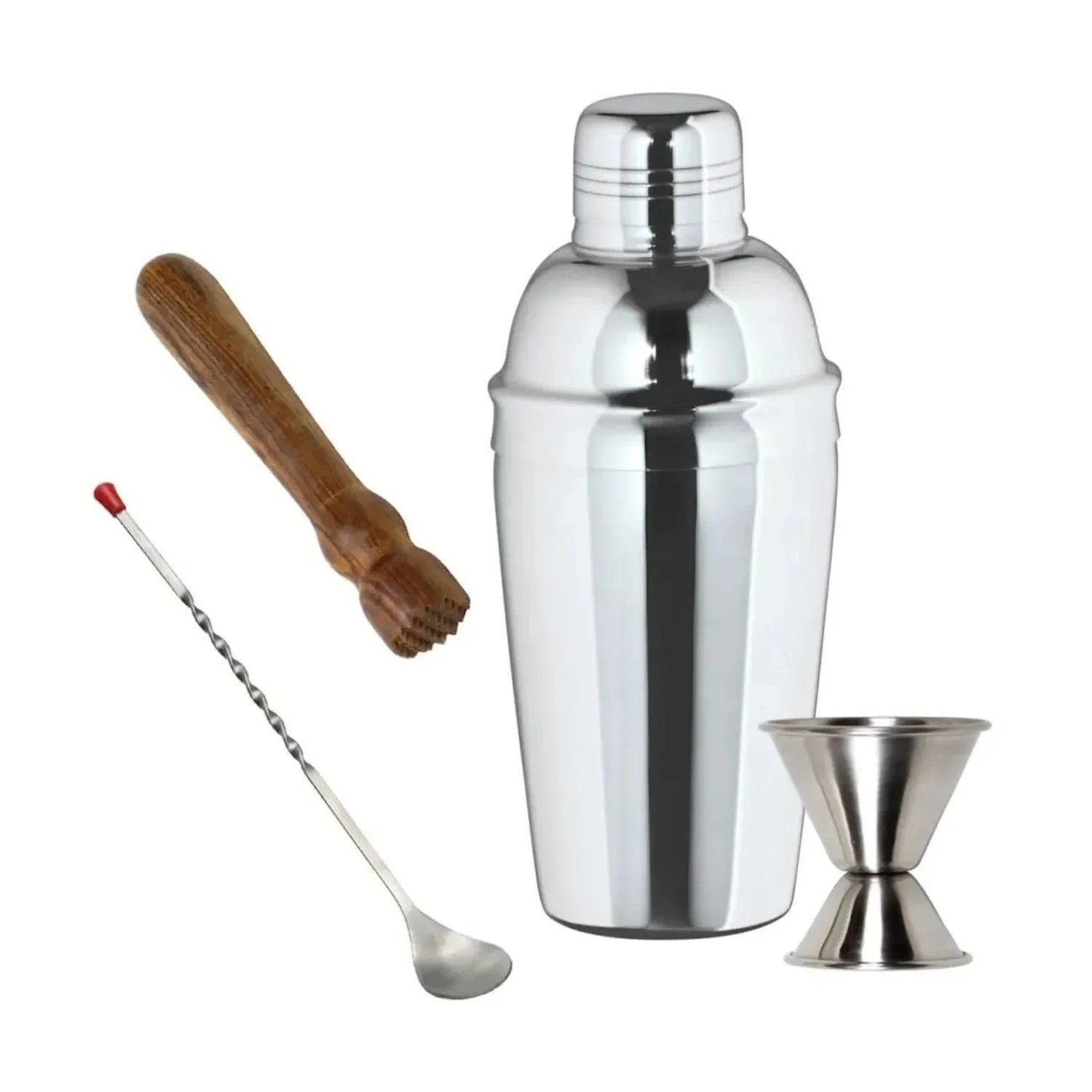 Ich-Zapfe 3-Teiliges Edelstahl Cocktail Shaker Set mit Stößel Barlöffel Jigger Silber