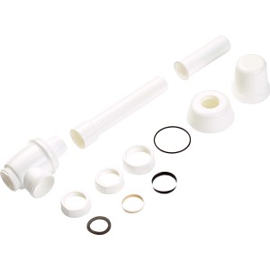 Weißer Flaschensiphon (32 mm) für Waschbecken, bestehend aus Kunststoffteilen und Dichtungen.