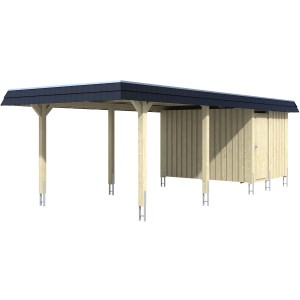Skan Holz Carport Wendland Eiche hell mit Anbau und schwarzem Alu-Dach, Pfosten aus Leimholz.