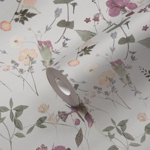 PROFHOME Vliestapete mit Blumenmuster in Violett, Grün und Gelb.