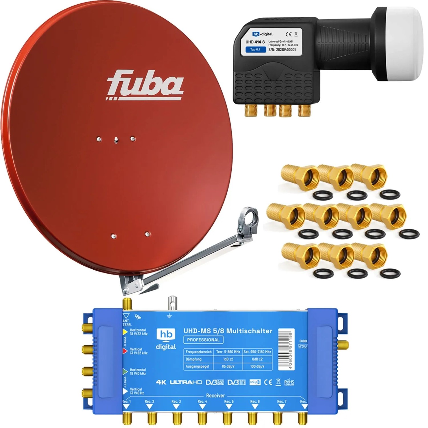 hb-digital SAT Anlage Fuba DAL 800 80cm mit Multischalter MS 5/8 und Quattro LNB Ziegelrot