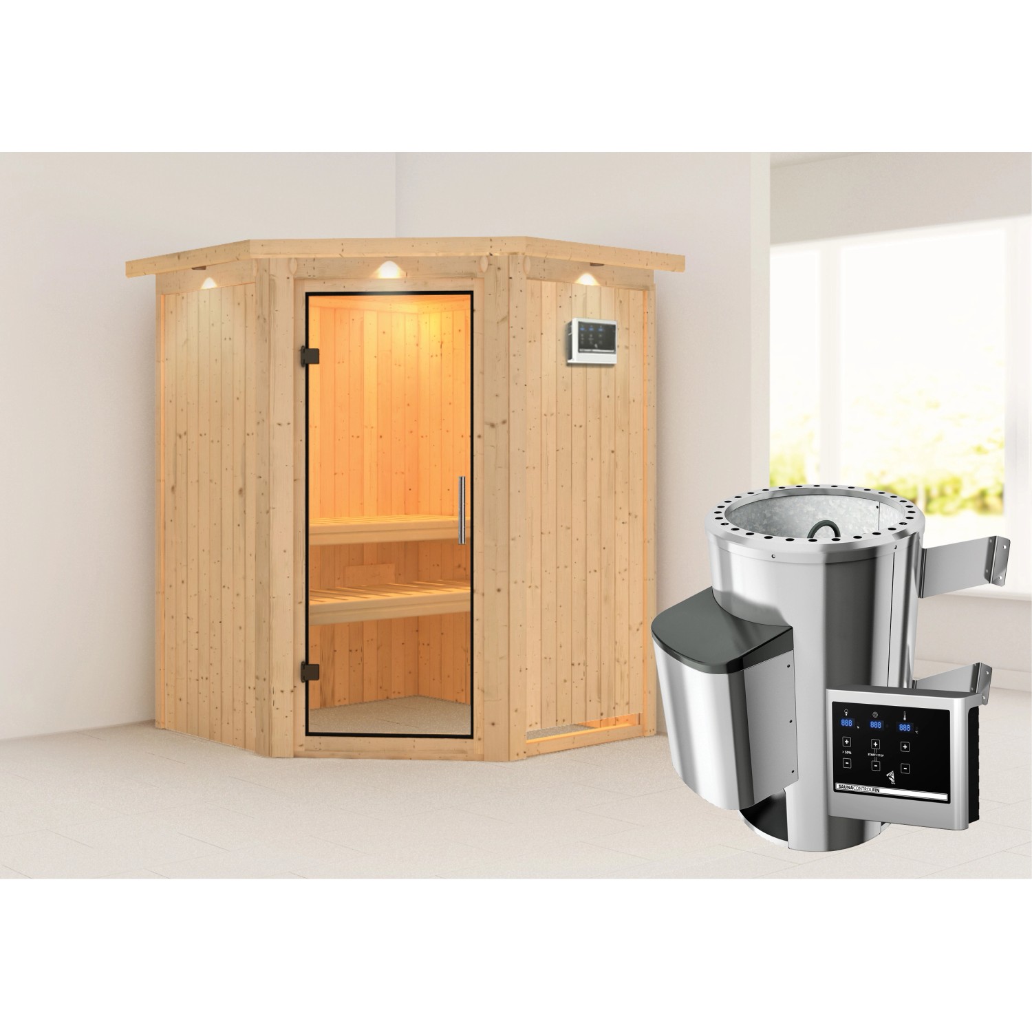 Karibu Sauna mit Ofen externe Stg.Easy LED-Dachkranz Natur günstig online kaufen