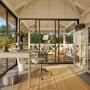 Palmako Pavillon Bianca Set: Weiß lackiertes Weekendhaus mit Schiebetüren und Büroeinrichtung.
