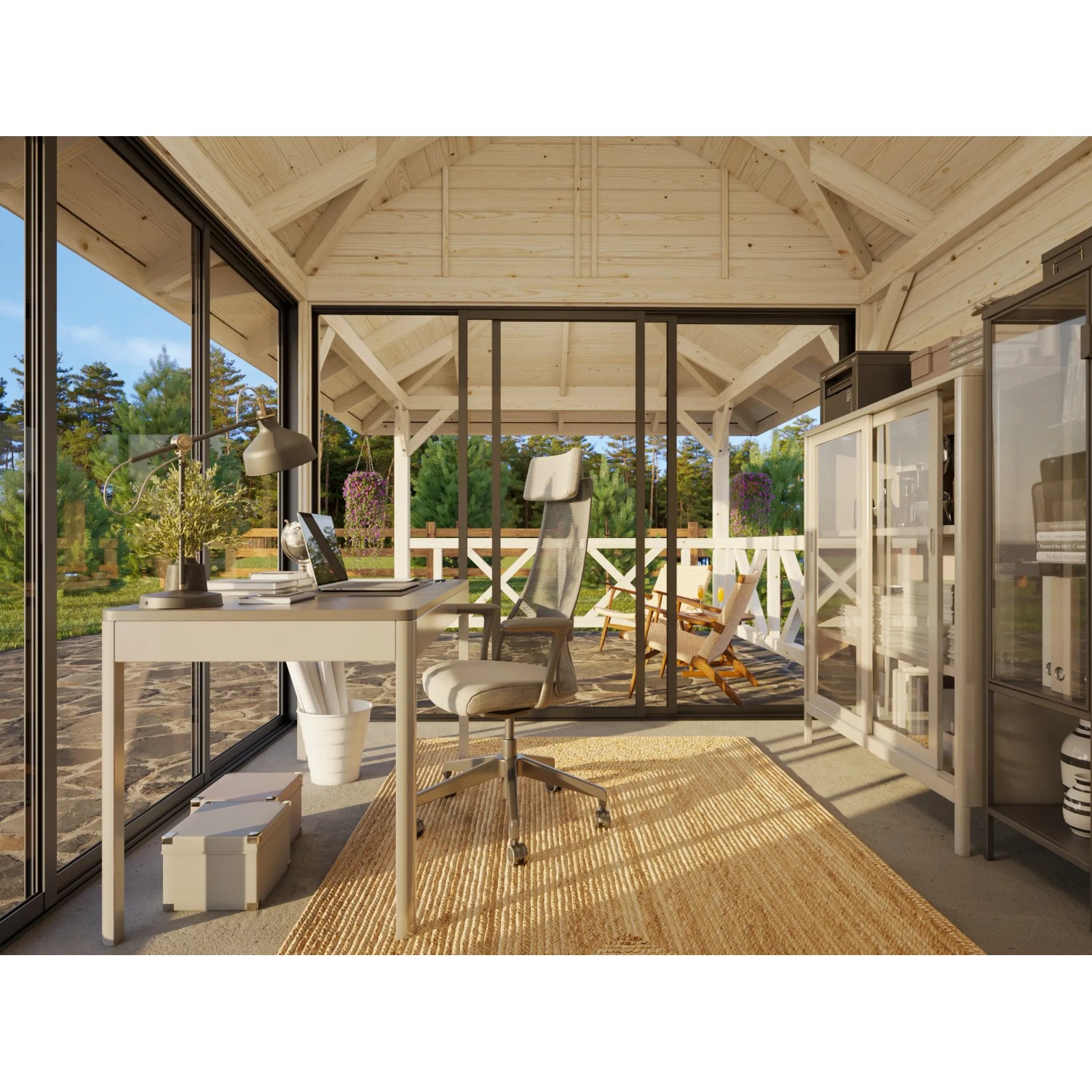 Palmako Pavillon Bianca Set: Weiß lackiertes Weekendhaus mit Schiebetüren und Büroeinrichtung.