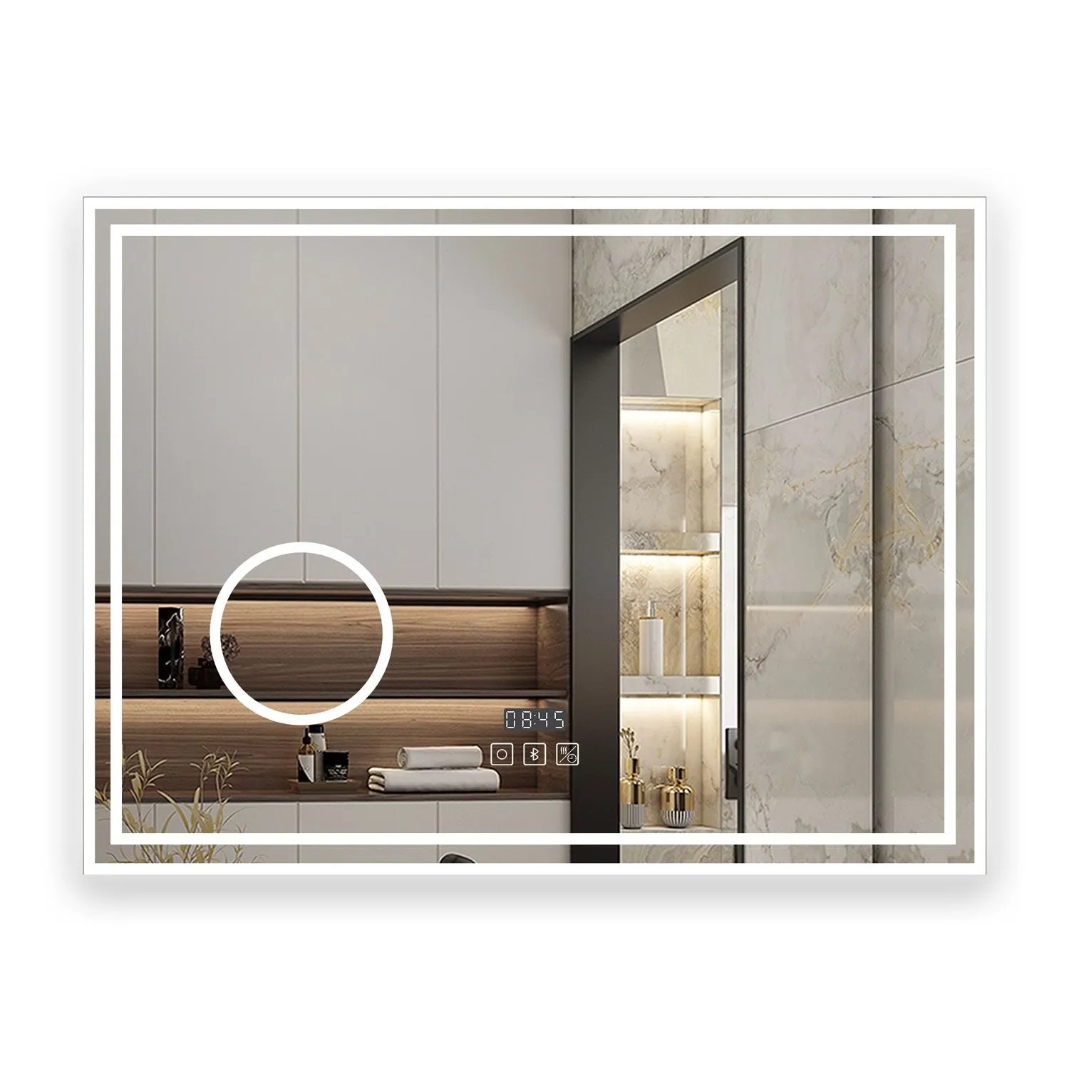 Aica Sanitär Badspiegel mit Bluetooth Schminkspiegel 80x60 cm Spiegel mit Uhr Neutral-Warm-Kaltweiß Dimmbar Memory Touch Wandschalter Beschlagfrei