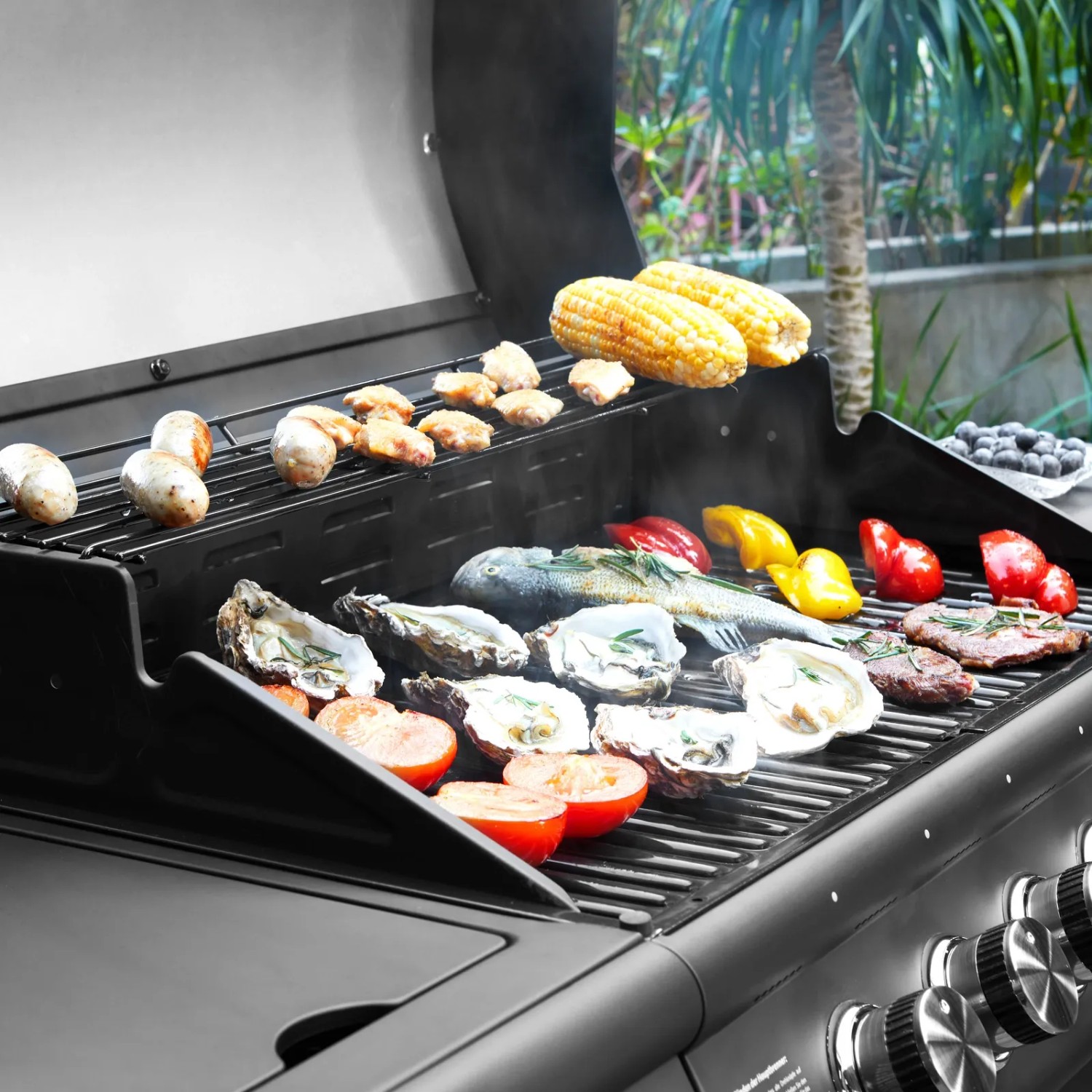 Taino Red 6+1 Gasgrill mit Drehspieß beim Grillen von Fisch, Gemüse und Mais.