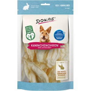 Dokas Kaninchenohren ohne Fell, getrocknet, im transparenten Beutel. Natürlicher Kausnack für Hunde.