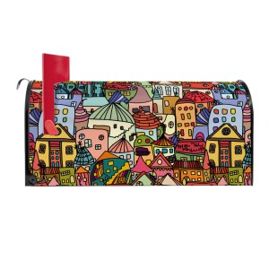 Banjado US Briefkasten mit Funky Town Motiv. Schwarzer Stahl Briefkasten mit bunten Häusern und roter Fahne.