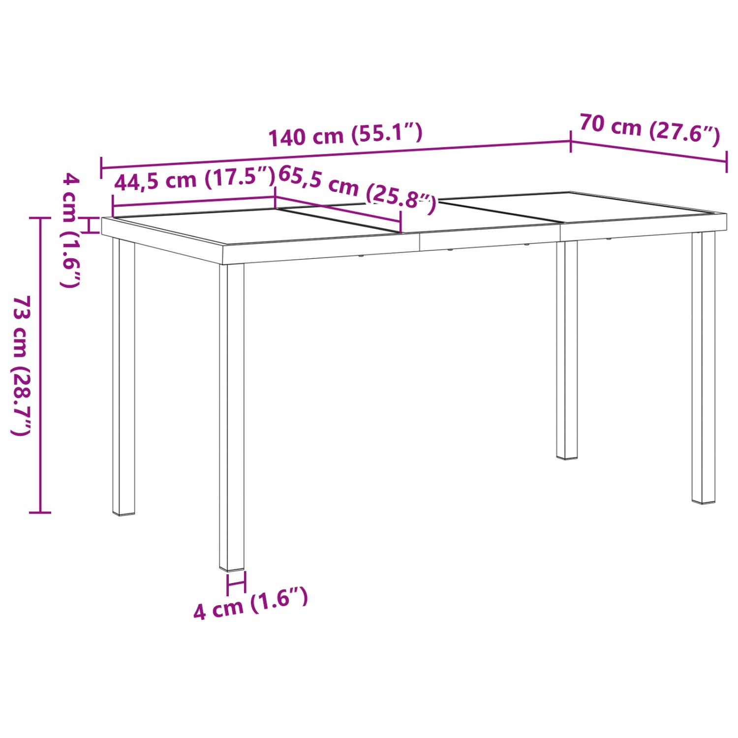 vidaXL Garten Essgruppe 5-tlg grau, Maße des Tisches: 140x70x73 cm, Detailaufnahme der Maße.