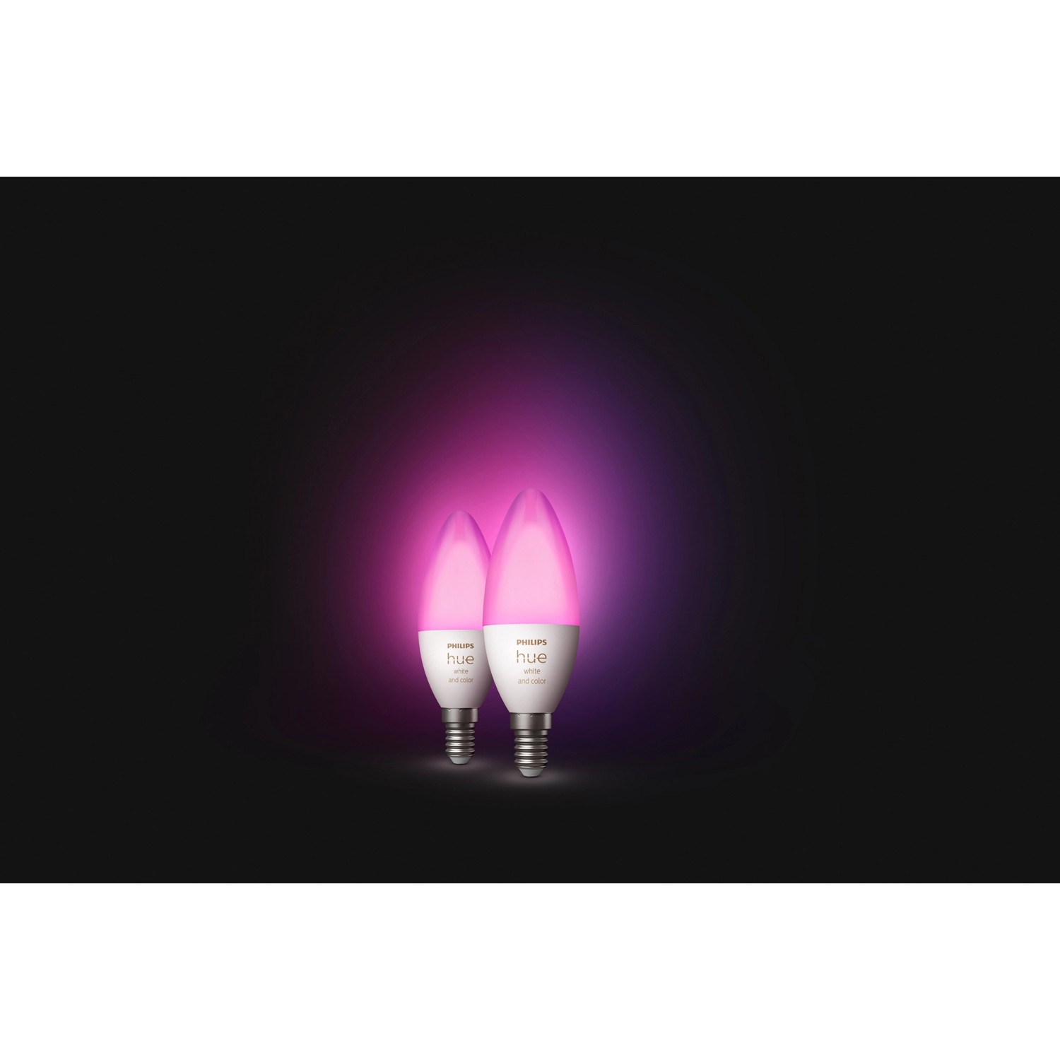 Zwei Philips Hue E14 LED Kerzenlampen mit Farbwechsel, 470 lm, im 2er-Pack.