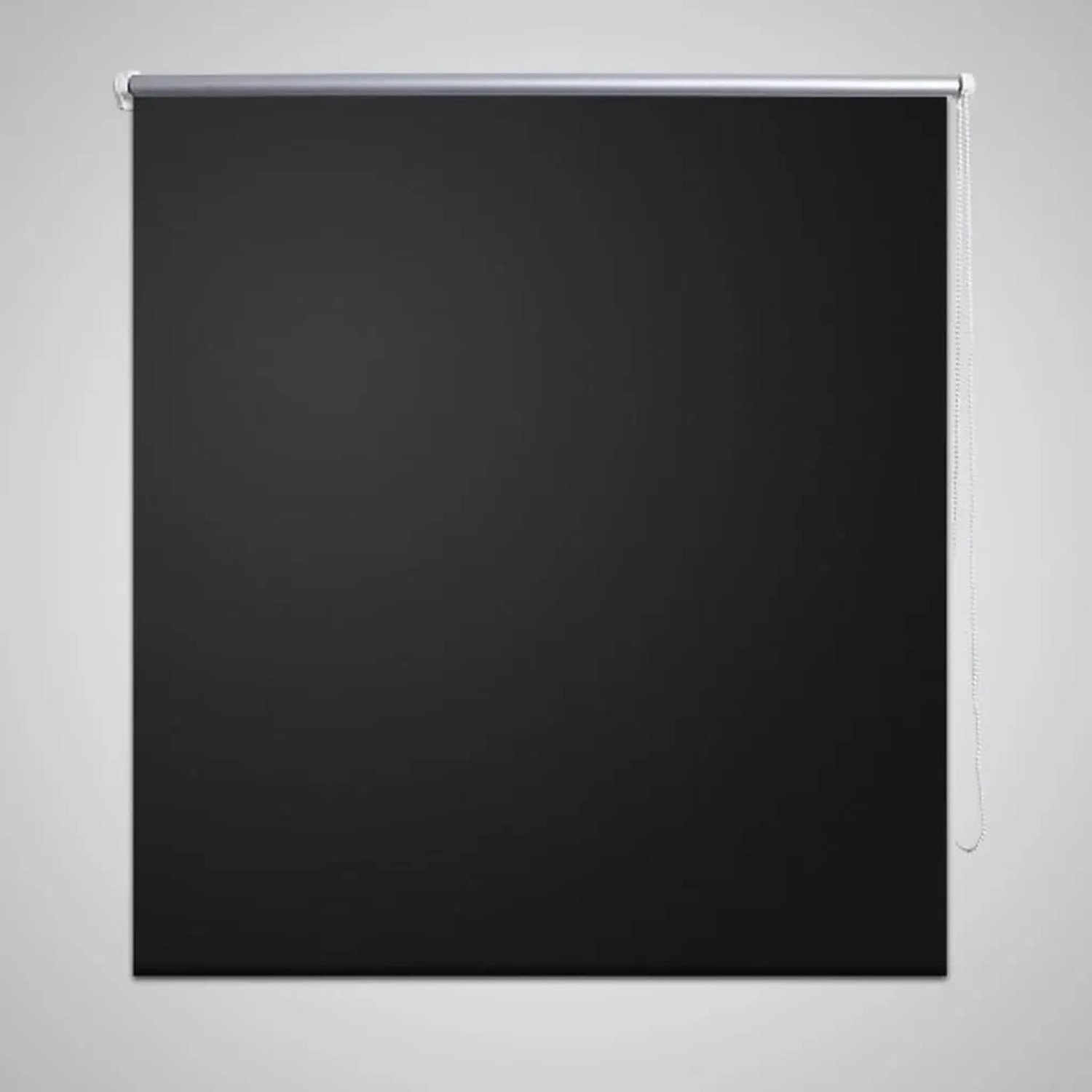 Schwarzes Verdunkelungsrollo (160x175 cm) mit Seitenzugkette für Fenster.