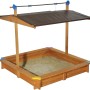 Gaspo Sandkasten Mickey mit Dachlift, 140x140 cm, aus Holz mit farbigen Ecken und braunem Sonnendach.