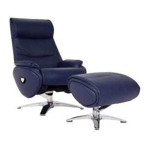 Blauer MCW Relaxsessel K98 mit Hocker, Leder/Kunstleder, drehbar und verstellbar.