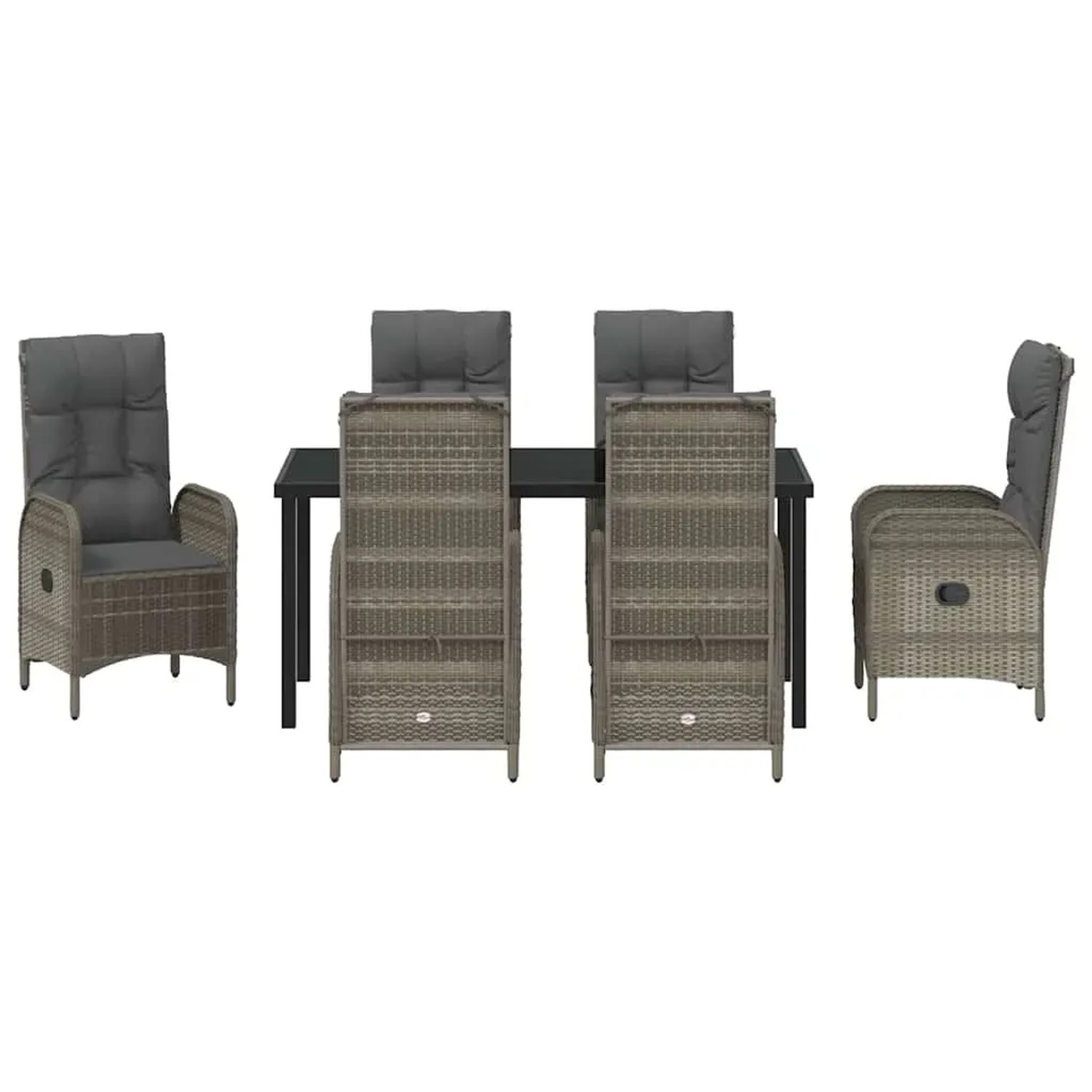Graue 7-teilige vidaXL Garten Essgruppe aus Polyrattan mit Tisch und Stühlen inklusive Kissen.