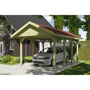 Grüner Satteldach-Carport Wallgau mit roten Schindeln und Auto.