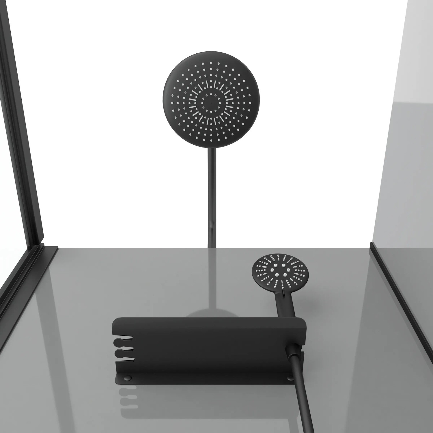 Aurlane Komplettdusche Grey Touch mit Kopf- und Handbrause, Ablage in Schwarz.