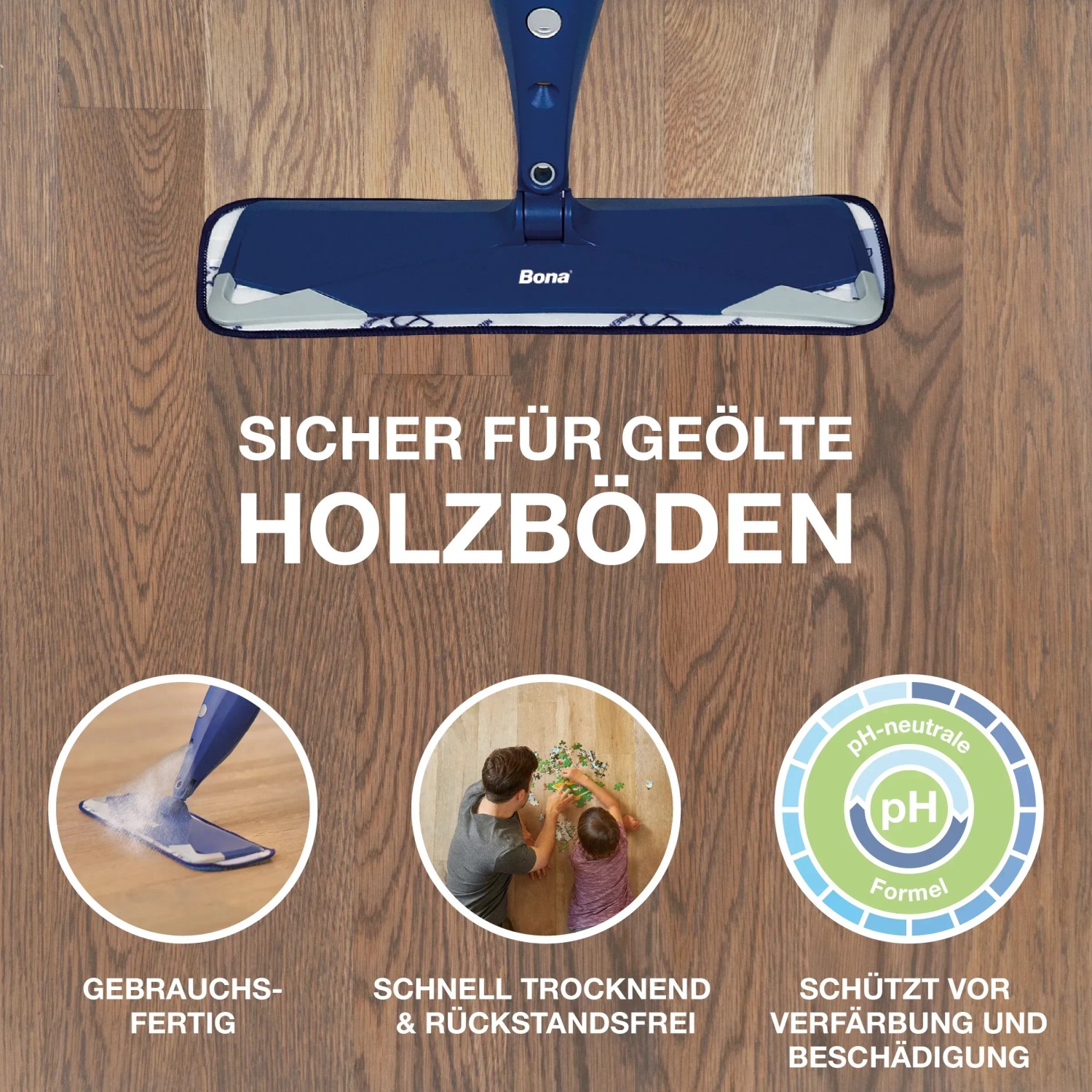 Bona Reiniger für geölte Böden, Nachfüllkanister 2,5l, mit Sprühwischer auf Holzboden.