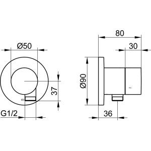 Technische Zeichnung Keuco IXMO Pure 3-Wege Umstellventil, Chrom, Maße und Anschlüsse für Duschzubehör.
