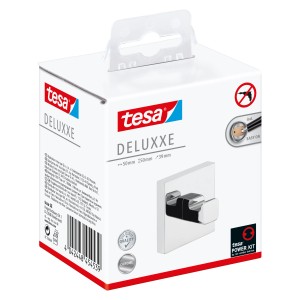 Verpackung des Tesa Handtuchhaken Deluxxe Chrom, ein glänzender, moderner Handtuchhalter zur Wandmontage.