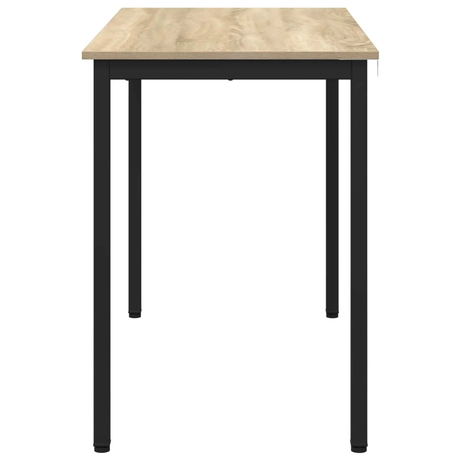 Rechteckiger Esstisch mit heller Holzoptik-Tischplatte und schwarzem Metallgestell. Modern und robust.